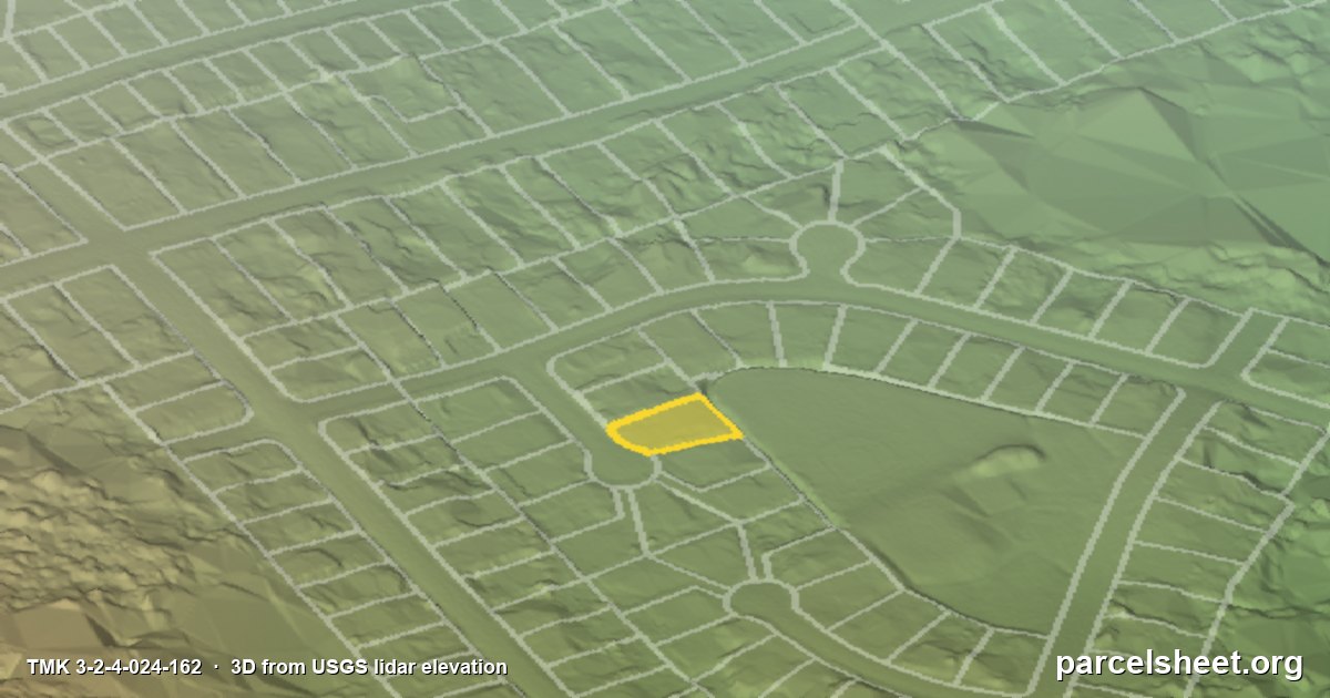 3D view of TMK 3-2-4-024-162 in Hilo, Hawaiʻi Island, drawn from USGS lidar elevation with the lot line in yellow