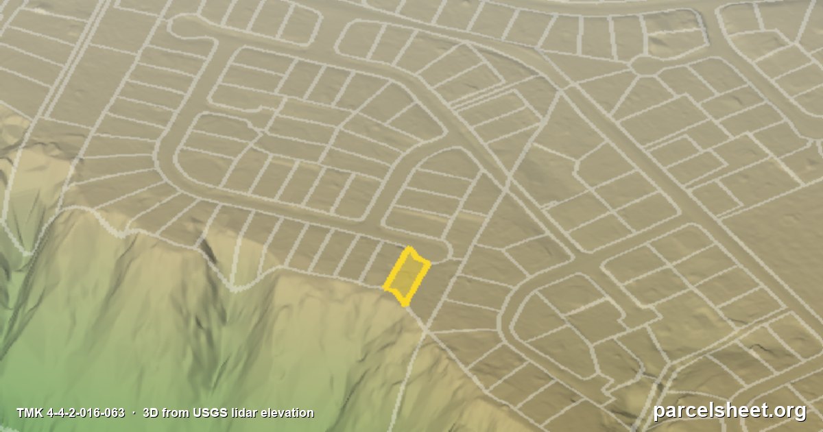 3D view of TMK 4-4-2-016-063 in Kapaʻa, Kauaʻi, drawn from USGS lidar elevation with the lot line in yellow