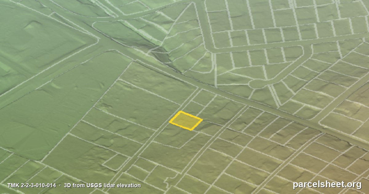3D view of TMK 2-2-3-010-014 in Pukalani, Maui County, drawn from USGS lidar elevation with the lot line in yellow