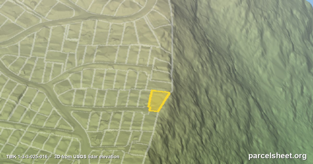 3D view of TMK 1-3-3-025-016 in Pālolo, Oʻahu, drawn from USGS lidar elevation with the lot line in yellow